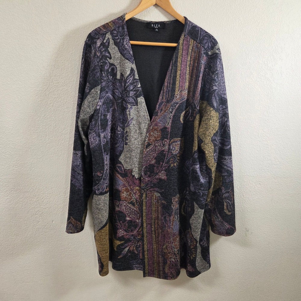 BLEU Woman Plus Size 2X Paisley Open Front Knit Cardigan Purple Gray Gold Art